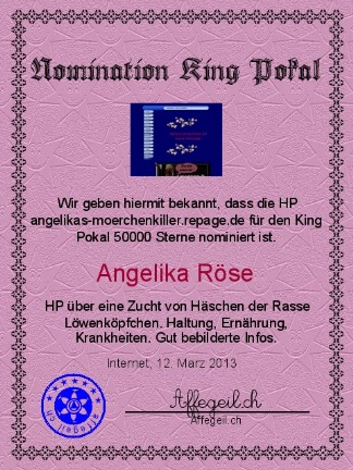 King Award Nominationsurkunde Angelikas Mörchenkiller