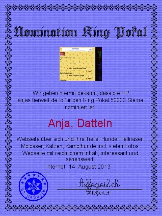 King Award Nominationsurkunde Anjas Tierwelt