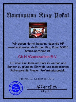 King Award Nominationsurkunde Babitou-Clan.de