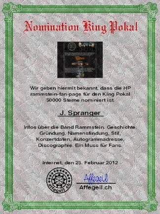 King Award Nominationsurkunde Rammstein-Fan-Page