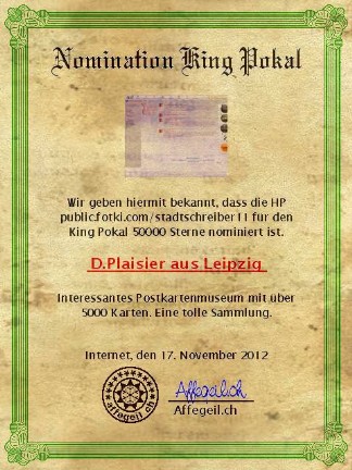 King Award Nominationsurkunde Stadtschreibers Postkartenmuseum
