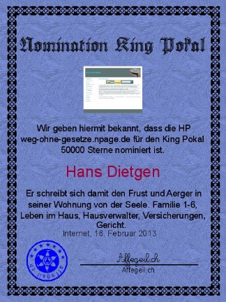 King Award Nominationsurkunde Weg ohne Gesetze